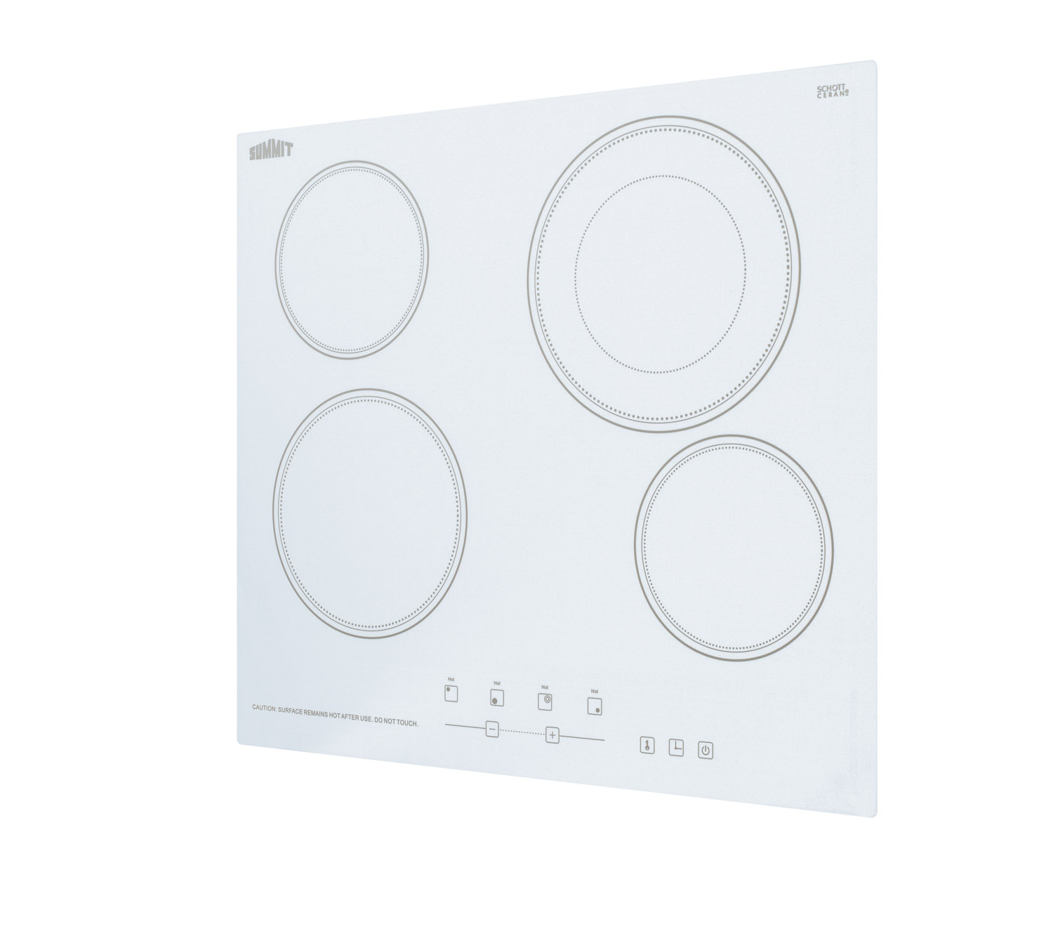 230V 4-burner cooktop in white ceramic Schott glass with digital touch controls and an extra large 8